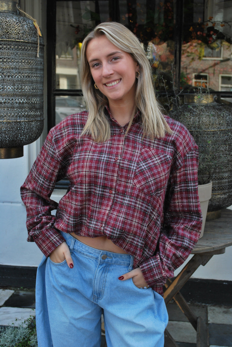 Maartje Geruite blouse met glitter – bordeaux