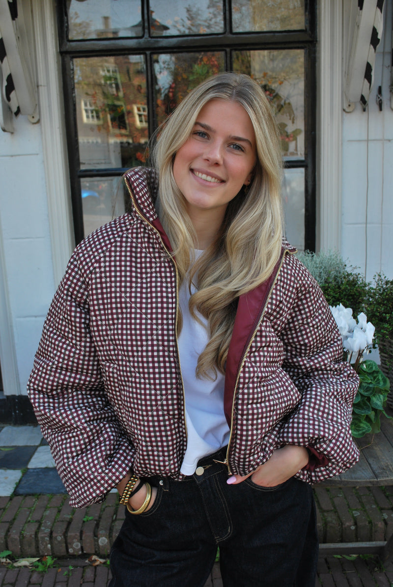 Sienna Geruite Puffer Jas - Bordeaux