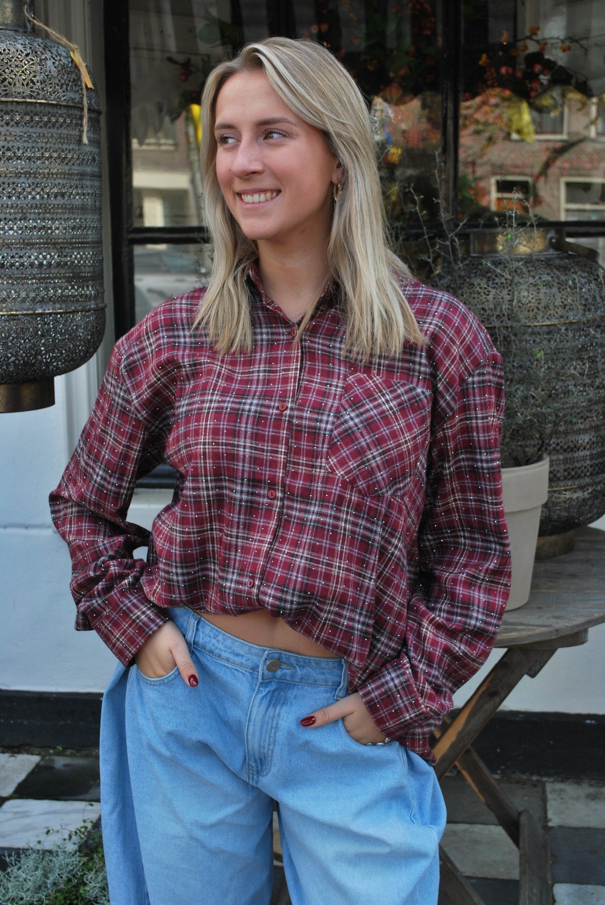 Maartje Geruite blouse met glitter – bordeaux