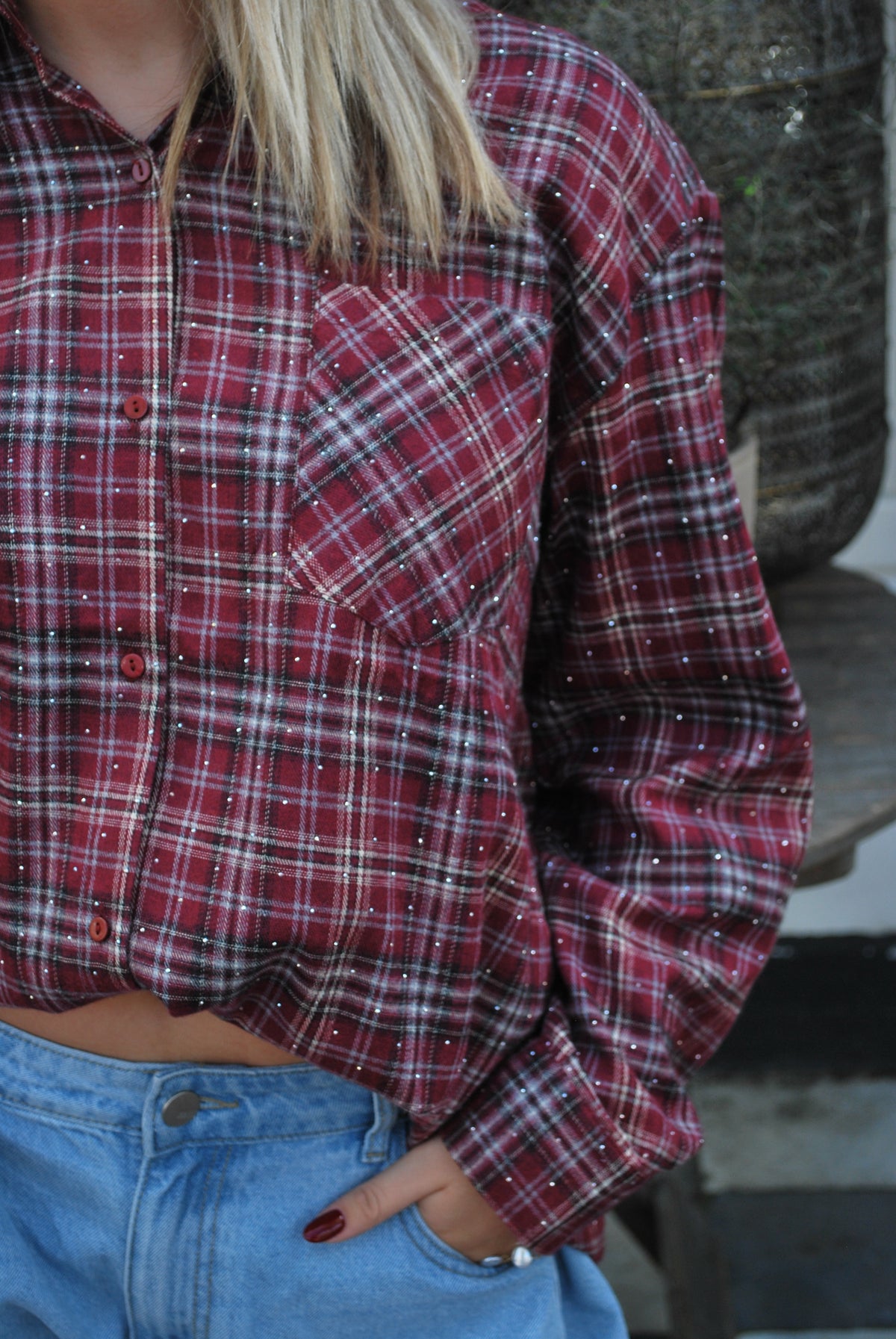Maartje Geruite blouse met glitter – bordeaux