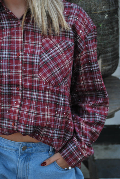 Maartje Geruite blouse met glitter – bordeaux
