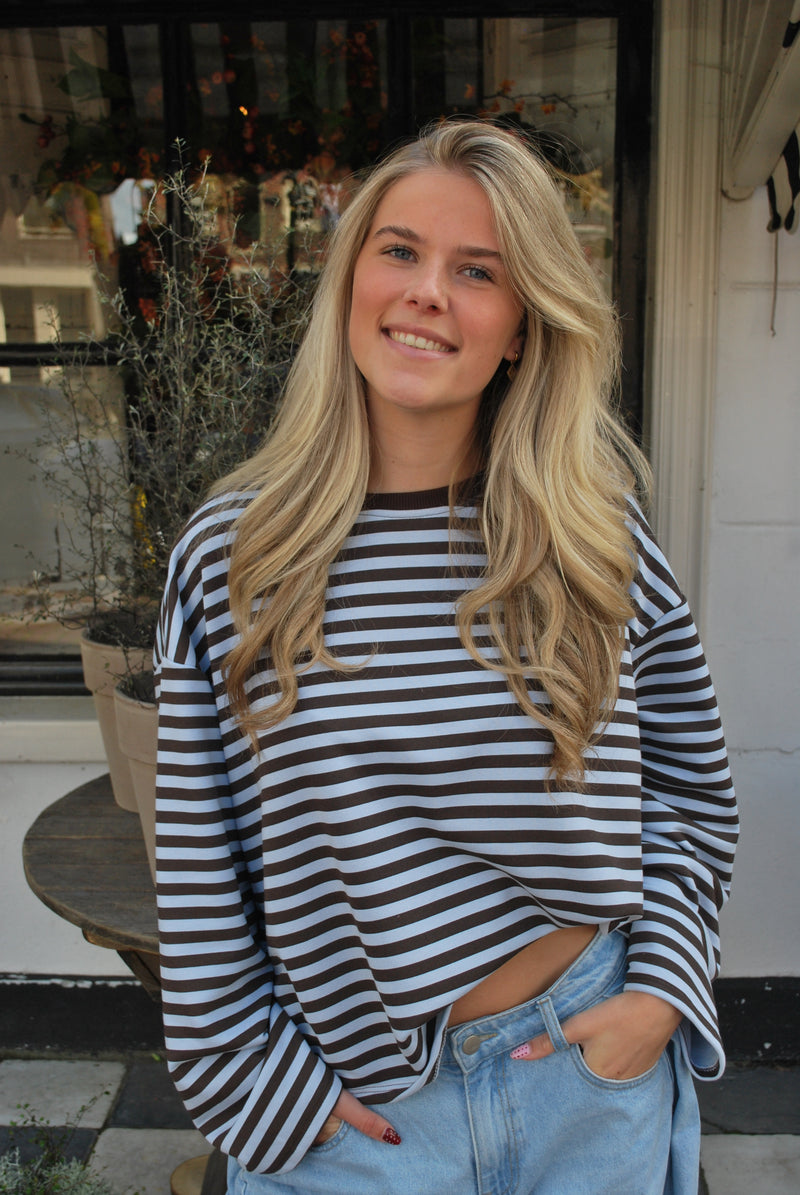 Cato Gestreepte oversized top – lichtblauw/bruin