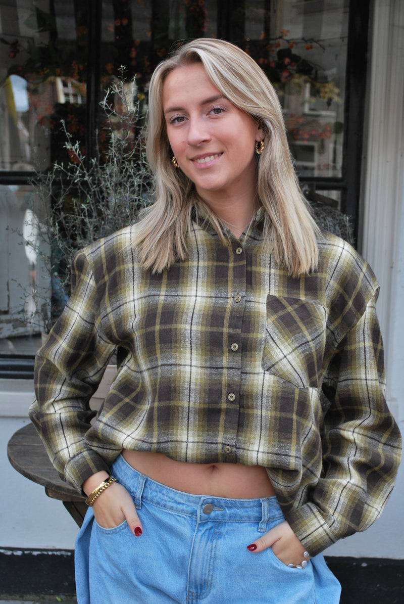 Kristien Geruite blouse Ambika – olijfgroen/bruin