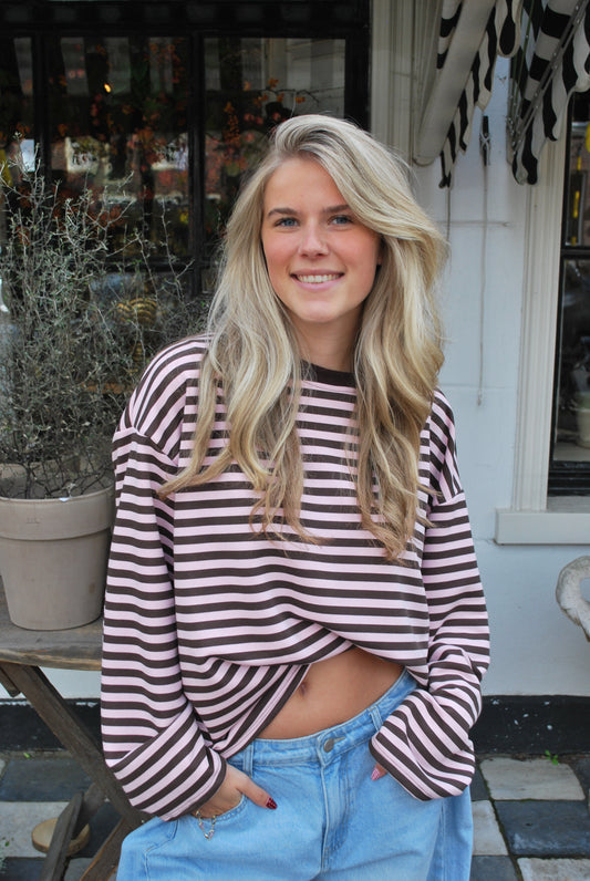 Cato Gestreepte oversized top – roze/bruin