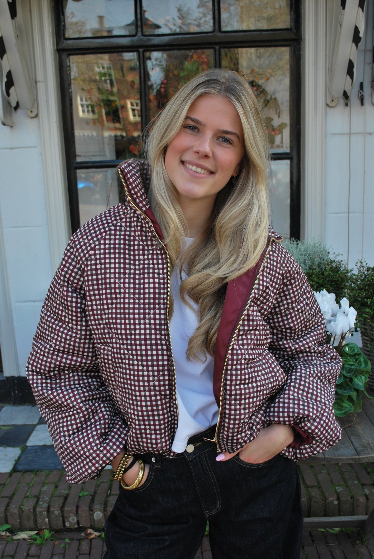 Sienna Geruite Puffer Jas - Bordeaux